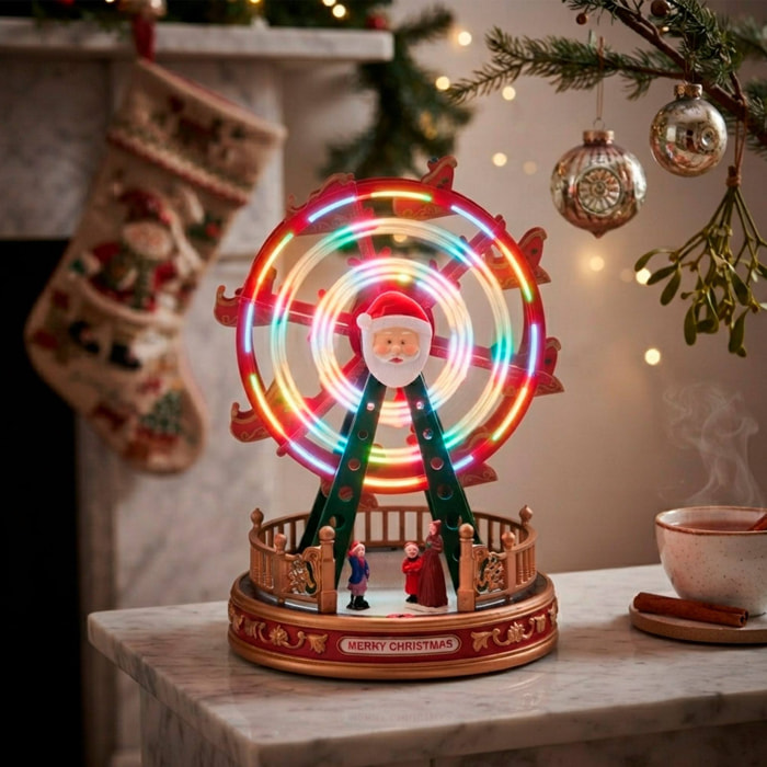 Noria navideña led giratoria con papá noel, con luces multicolor, movimiento, funciona con pilas o usb 19,5x19,5x28,5 cm