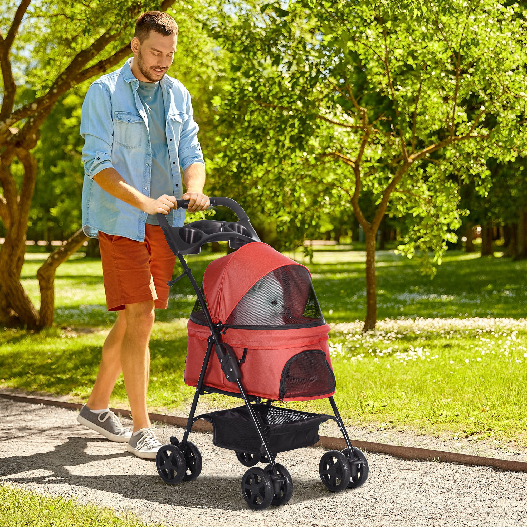 Cochecito para Mascotas Plegable Carrito para Perros Desmontable Acero Tela Oxford Ruedas Giratorias Frenos Ventana para Perros Gatos Pequeñitos 67x45x96 cm Rojo