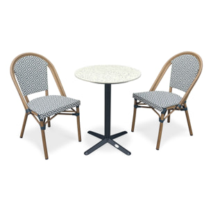 BISTRO - Ensemble repas de jardin 2 places en acier et plateau terrazzo - bleu