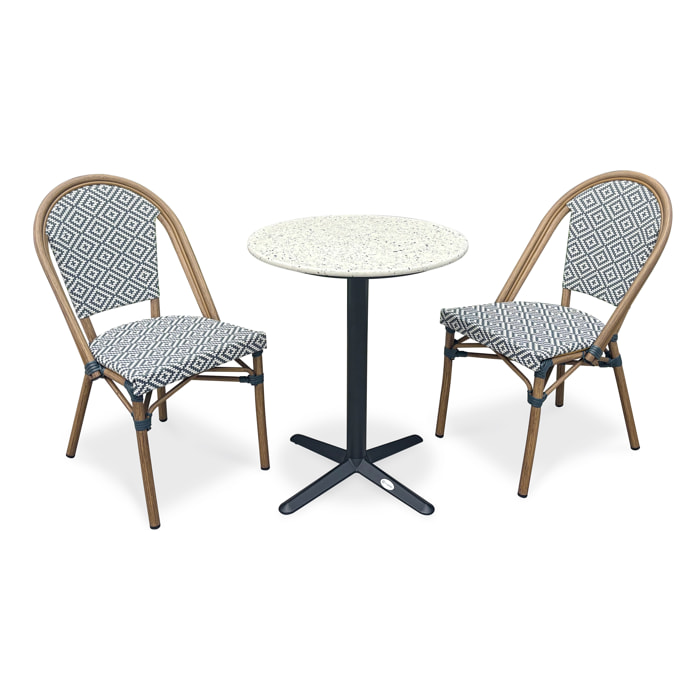 BISTRO - Ensemble repas de jardin 2 places en acier et plateau terrazzo - bleu