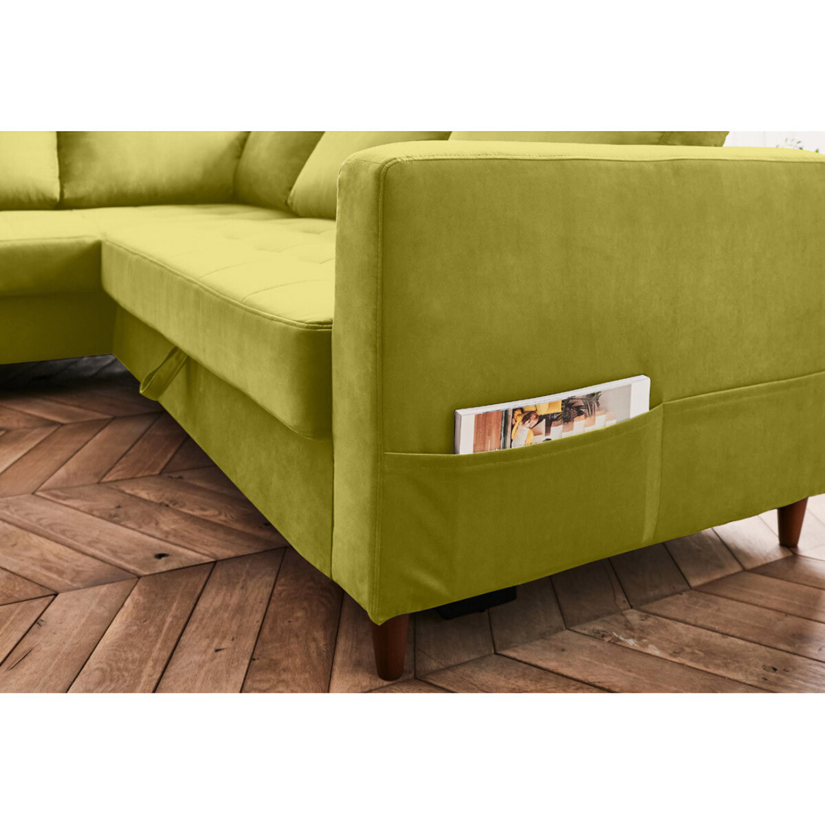 Anna - canapé d'angle gauche - 5 places - convertible - en velours - Vert Olive