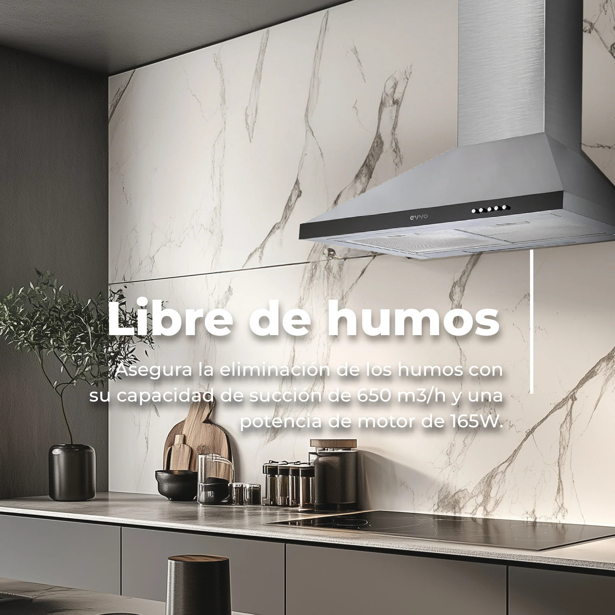 Campana Extractora EVVO CE21 Pyramid, 60 cm, Inox, 650 m³/h, 3 Velocidades, Energía A
