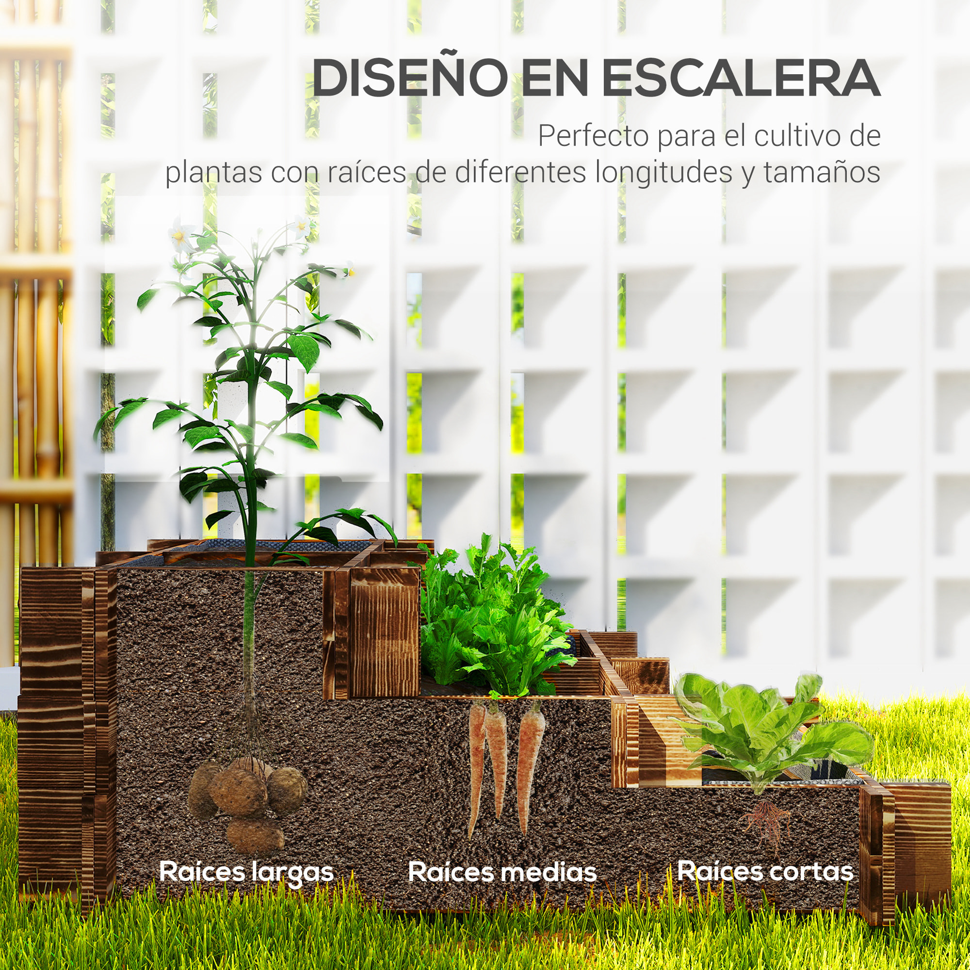 Jardinera de Madera Arriate de Jardín de 3 Niveles con Diseño de Escalera y Tela no Tejida Huerto Urbano para Cultivos Plantas Flores para Terraza Jardín 93x93x35 cm Carbonizado