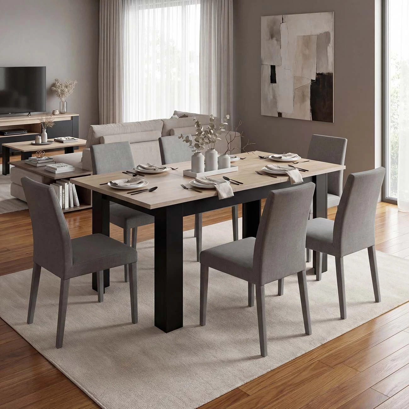 Mesa de comedor extensible en negro mate y roble canadian 140-190x90 cm Sira Negro Mate - Roble Canadian