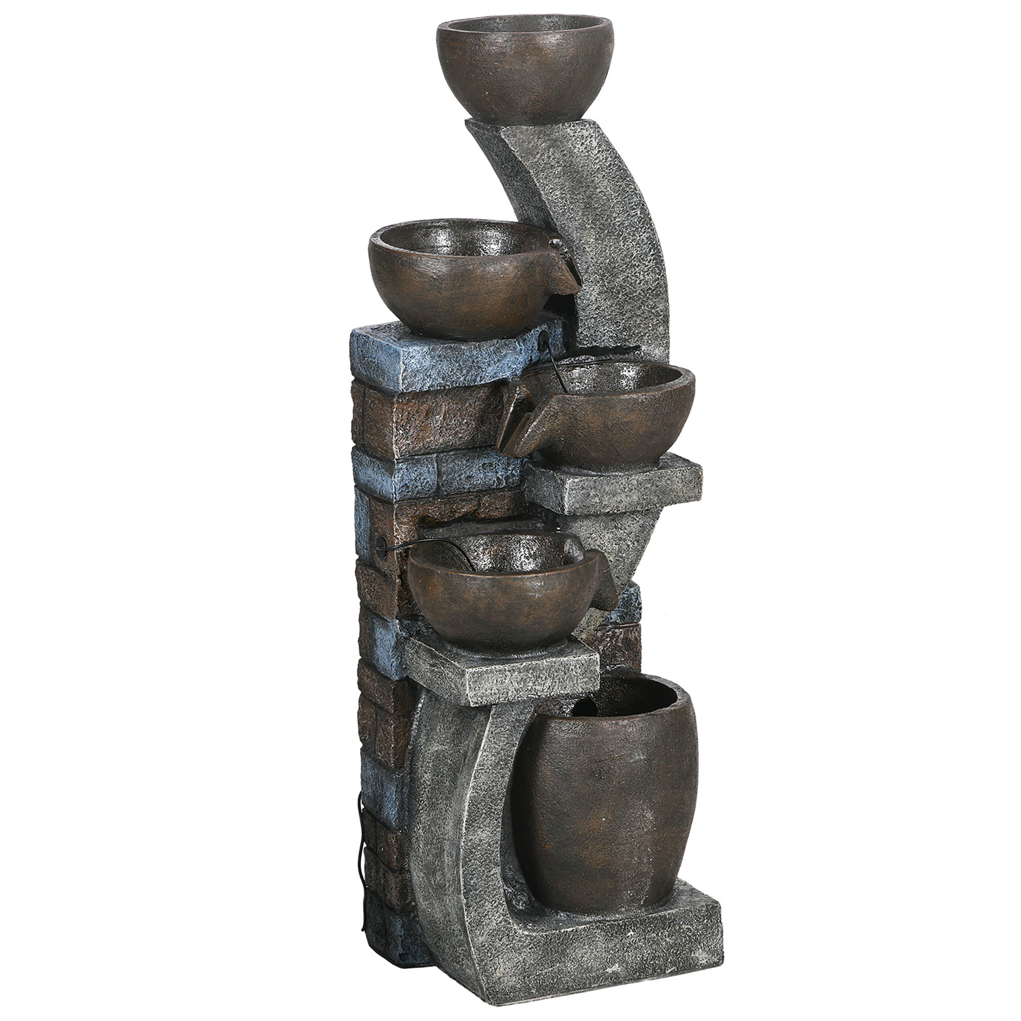 Fontaine d'eau extérieure 5 niveaux, fontaine de jardin avec lumières LED, panneau solaire 3,7 kW, pompe, débit de 450L/h, en résine, gris et marron