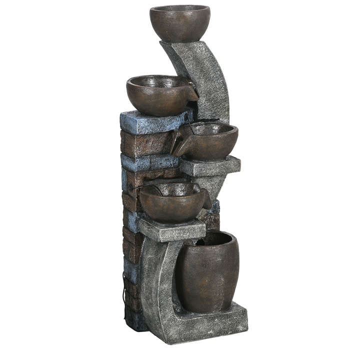 Fontaine d'eau extérieure 5 niveaux, fontaine de jardin avec lumières LED, panneau solaire 3,7 kW, pompe, débit de 450L/h, en résine, gris et marron