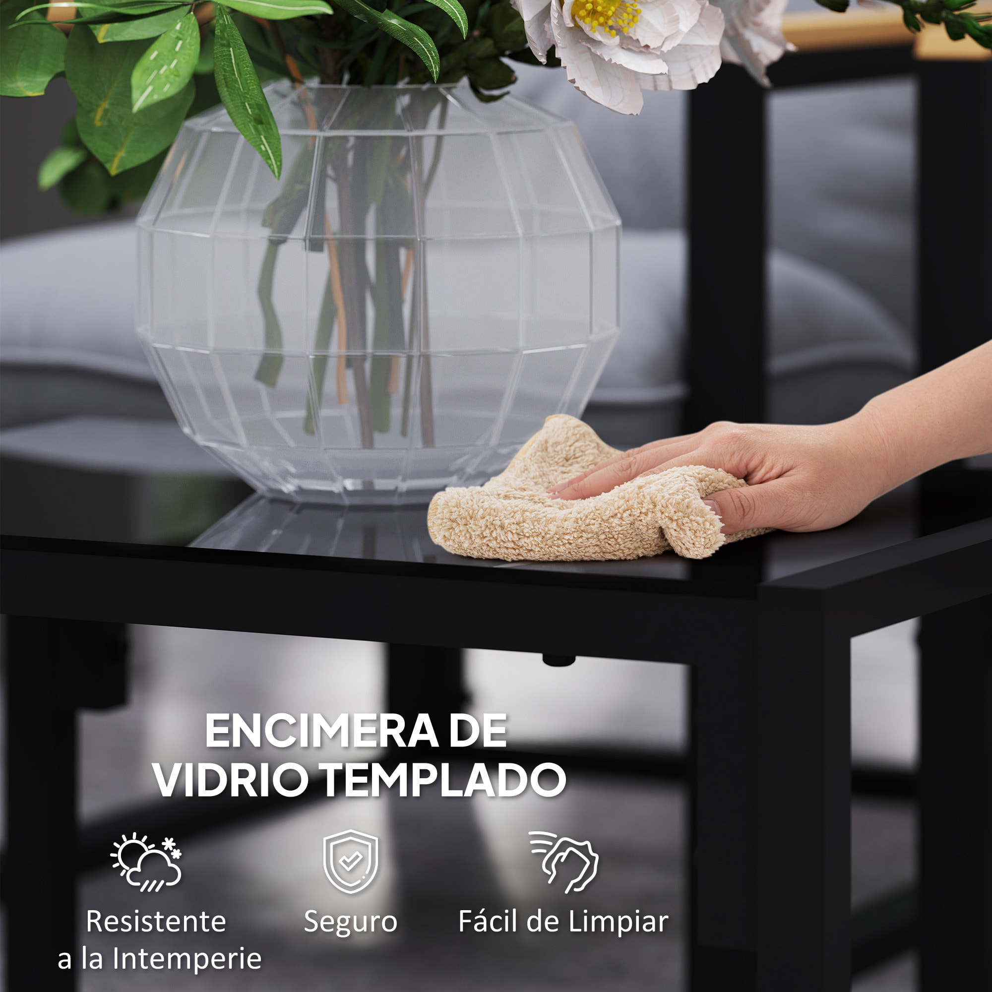 Conjunto de Jardín Exterior de 4 Piezas Muebles Jardín Exterior con 2 Sillones y 1 Sofá de 2 Plazas con Cojines y Mesa de Centro con Tablero de Vidrio Templado Gris y Negro