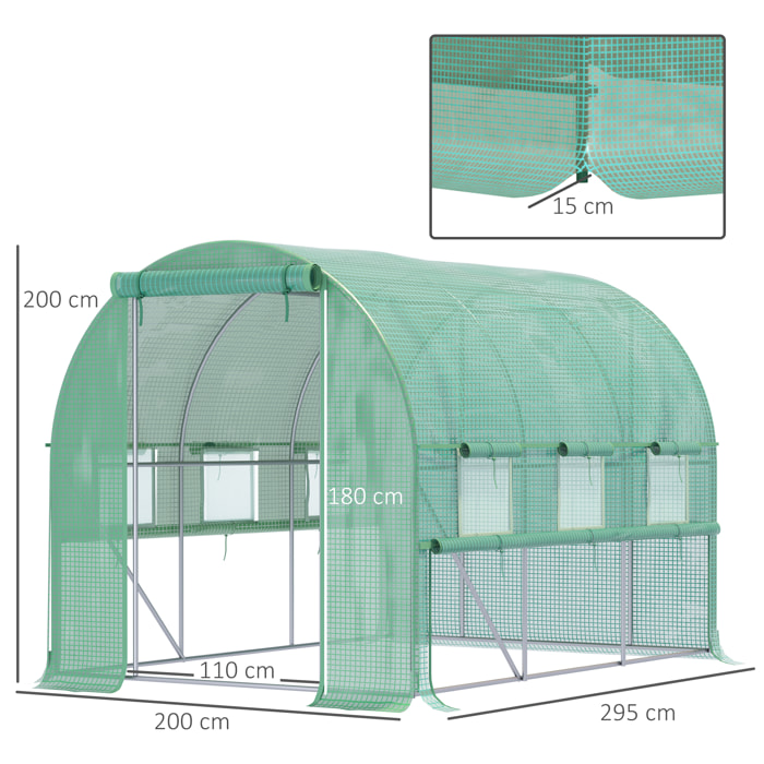 Serre de jardin tunnel 6 m² 6 fenêtres porte zippée acier galvanisé PE vert