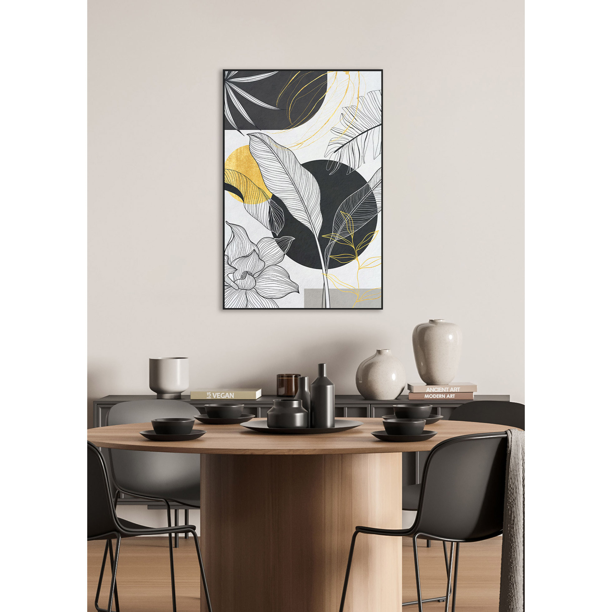 Cuadro Boho poliéster negro-blanco-dorado 92x62x4 cm