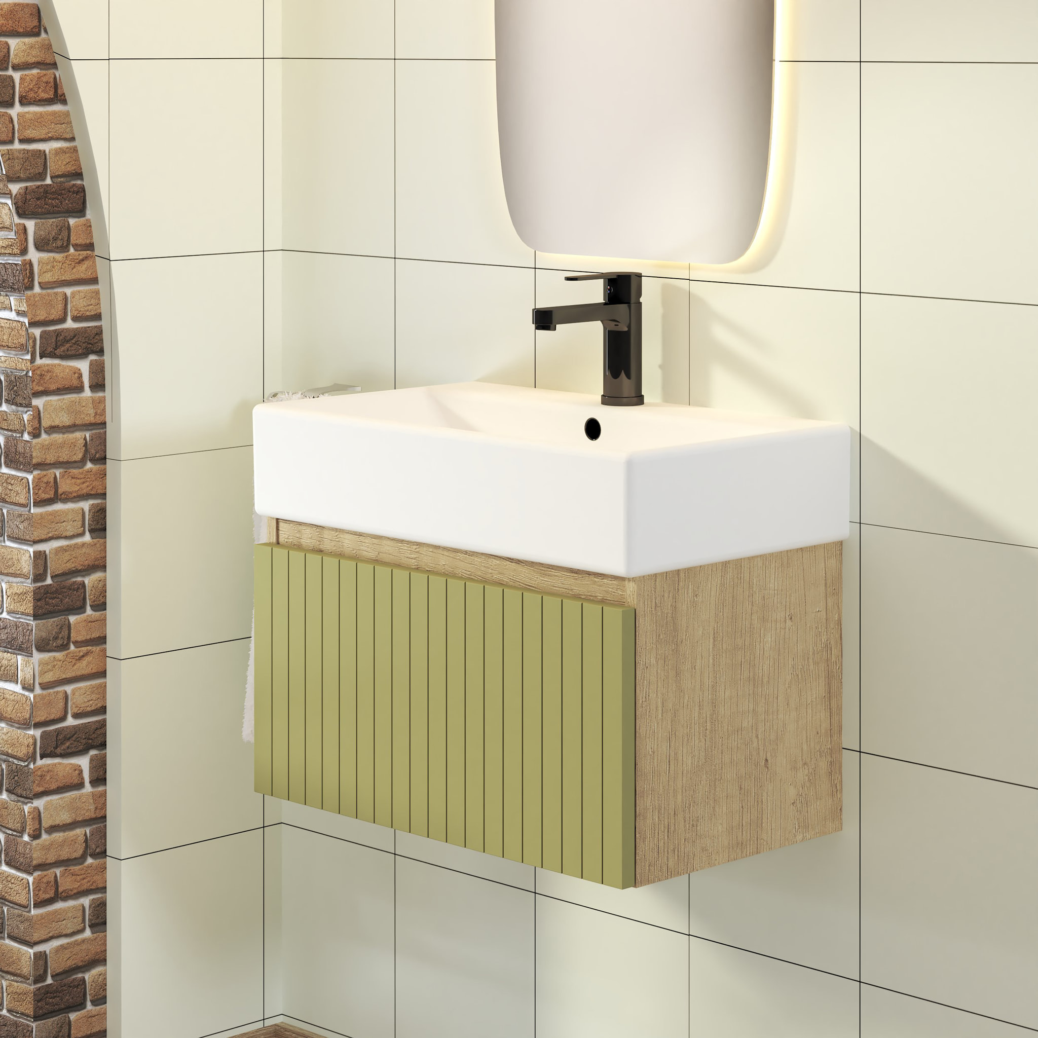 Ensemble de Salle de Bain Zel | Meuble Suspendu | 60 cm Vert | Un Tiroir | Lavabo Encastré | Miroir non inclus | Meuble Monté | Alday
