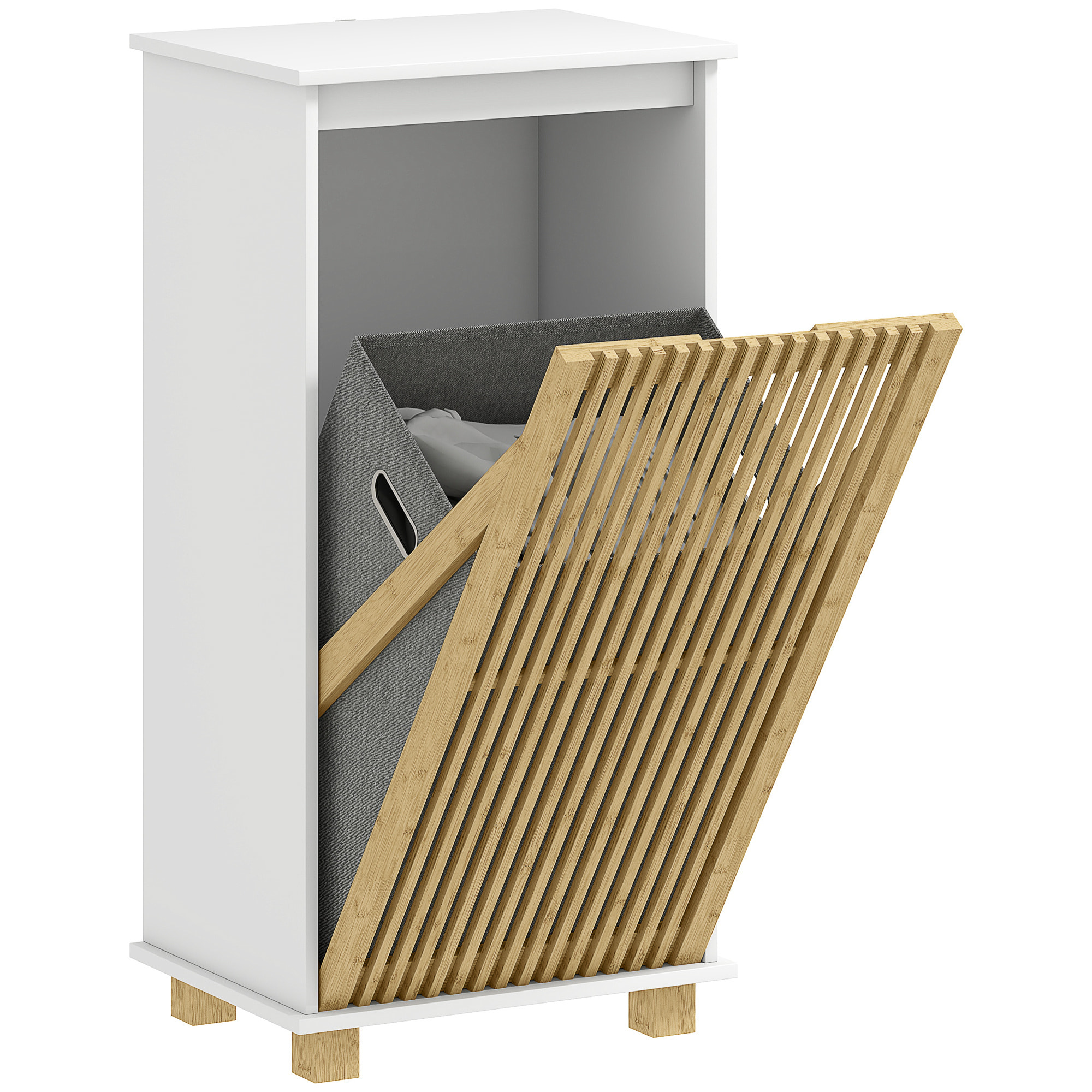 Meuble bas salle de bain - panier à linge amovible - tissu gris bambou blanc