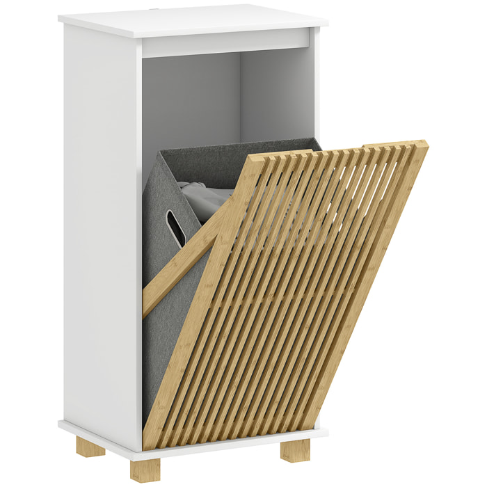 Meuble bas salle de bain - panier à linge amovible - tissu gris bambou blanc