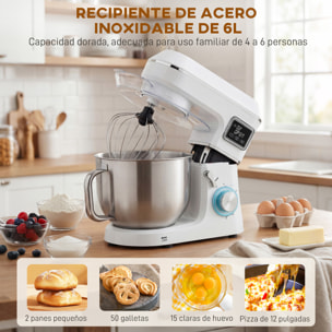 Batidora Amasadora 6L, Amasadora de Pan 1400W, 6 Velocidades, LED, Fermentación, Bol de Acero Inoxidable, Batidor, Gancho, Varilla, Protector contra Salpicaduras, Blanco