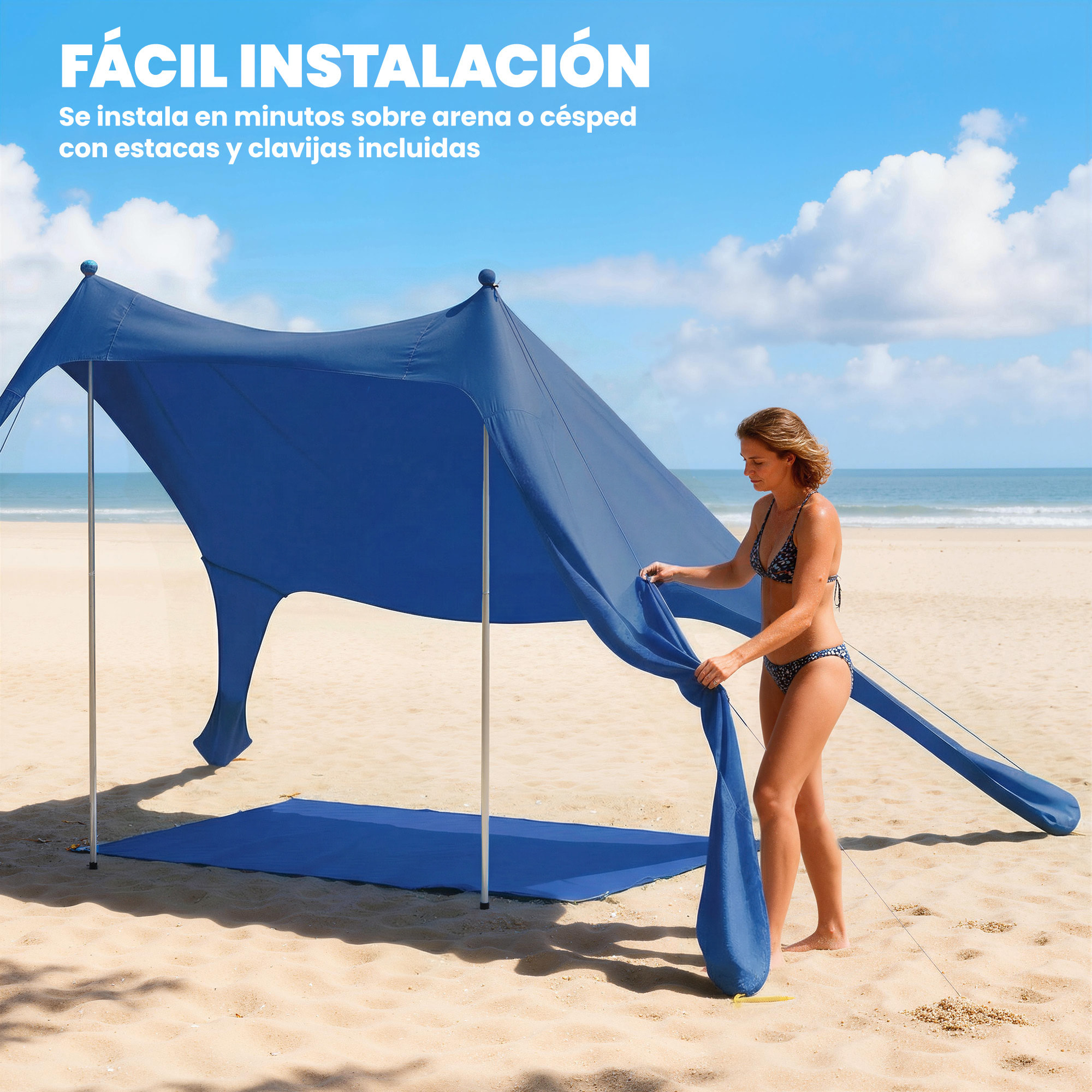 Carpa Playa Plegable 208x200 cm, Toldo Playa Portátil para 2-4 Personas con Esterilla, UPF50+, Postes de Aluminio, Pala, Estacas y Bolsa de Transporte Impermeable, para Camping, Pesca, Azul