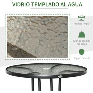 Outsunny Mesa de Jardín Redonda Mesa de Exterior Ø80x72 cm con Agujero para Sombrilla y Encimera de Vidrio Templado para Patio Terraza Negro