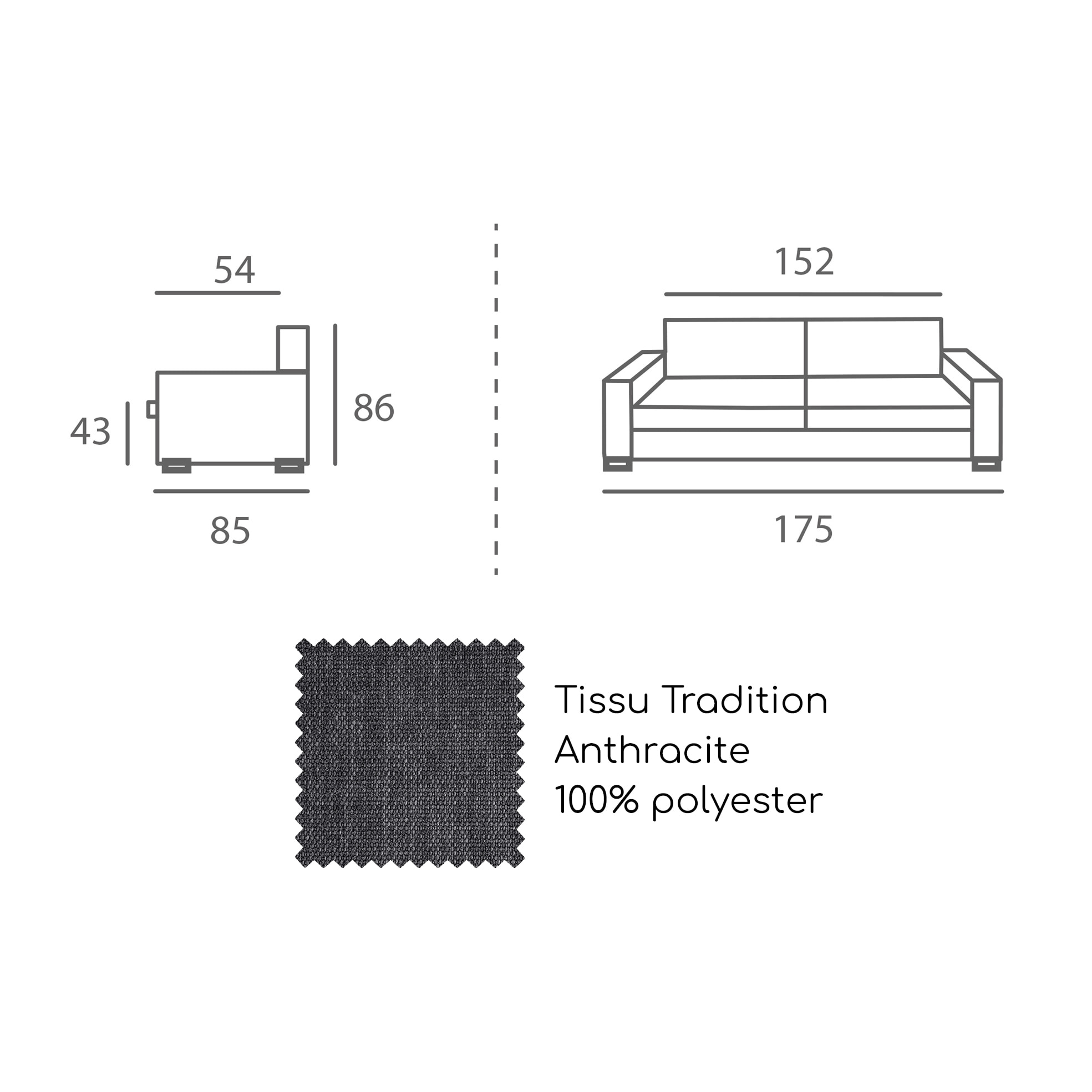 Canapé 3 pl LYS 175 cm fixe tissu Tradition Anthracite - 100% déhoussable - Fabriqué en France