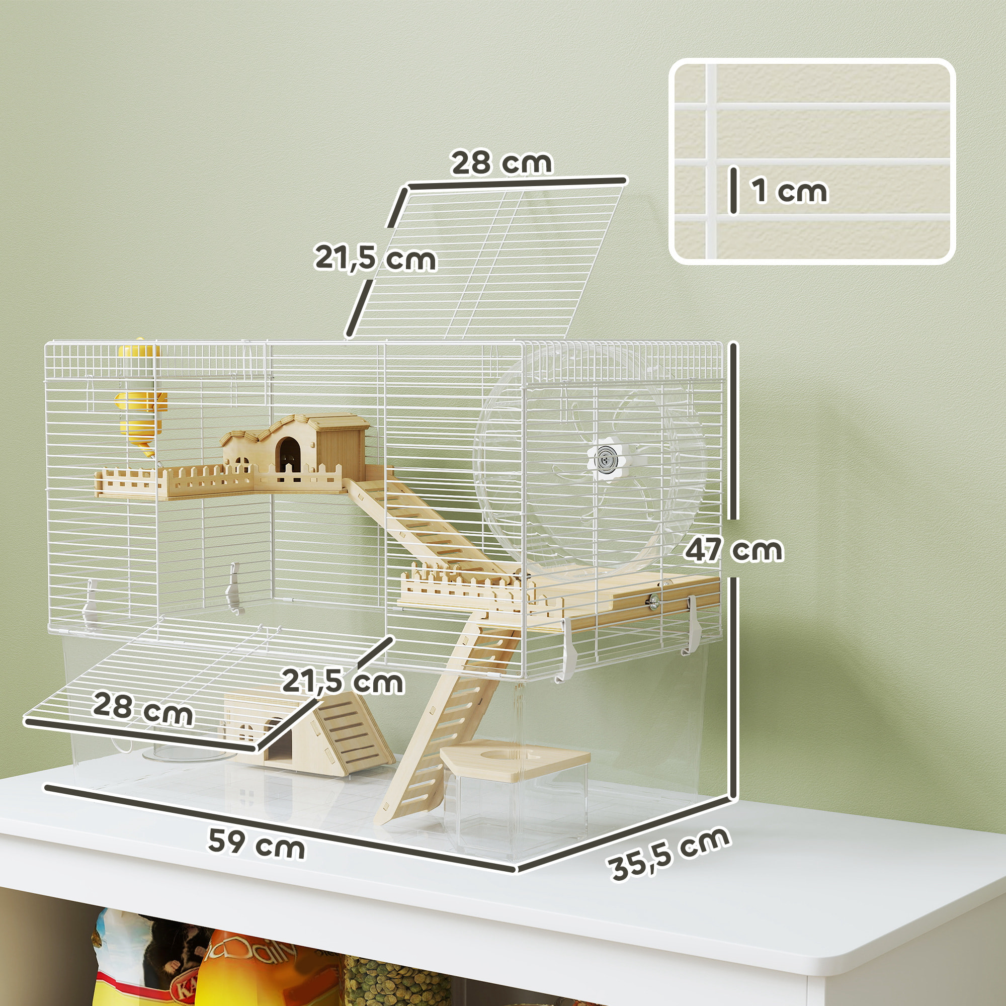 Cage à hamster à 3 niveaux avec roue d'exercice, plateau, 59 x 35,5 x 47 cm, blanc
