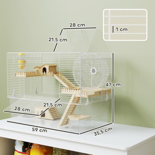 Cage à hamster à 3 niveaux avec roue d'exercice, plateau, 59 x 35,5 x 47 cm, blanc