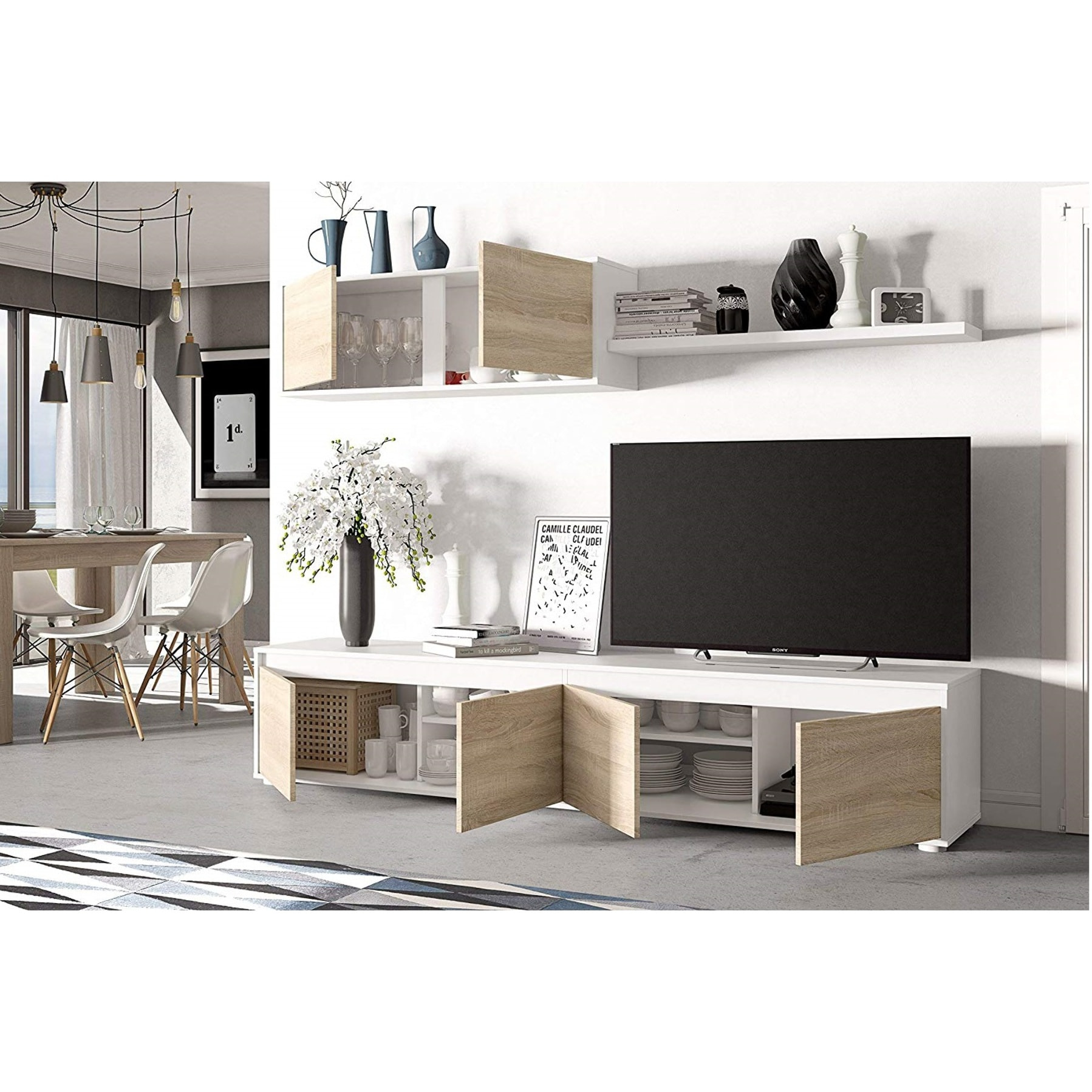 Parete Attrezzata Da Soggiorno Mobile TV 4 ante Pensile Con Pistoni A Gas E Mensola Sospesa Design Moderno Salvaspazio 200 Cm Bianco Lucido E Rovere