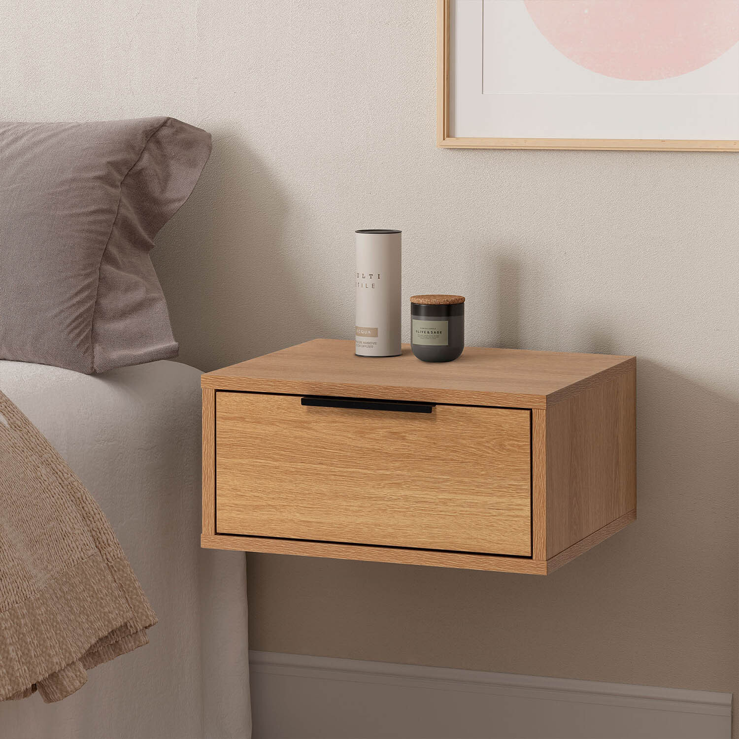Mesita de noche flotante Auri 1 cajón efecto Roble