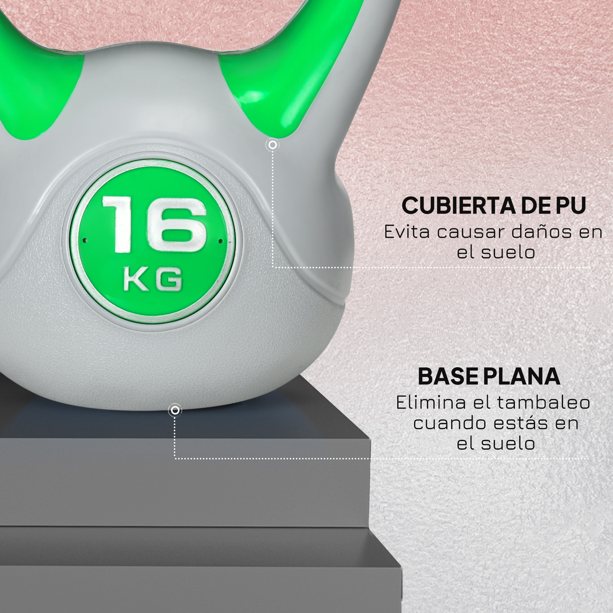 Pesa Rusa 16 kg, Kettlebell Revestimiento de PU y Relleno de Arena, Mango Ancho, para Entrenamiento Culturismo, en Casa, Gimnasio, Verde y Gris