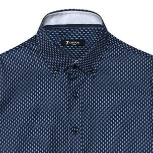 camicia uomo 1 bottone button down slim Popeline Stampato Blu/Grigio Chiaro