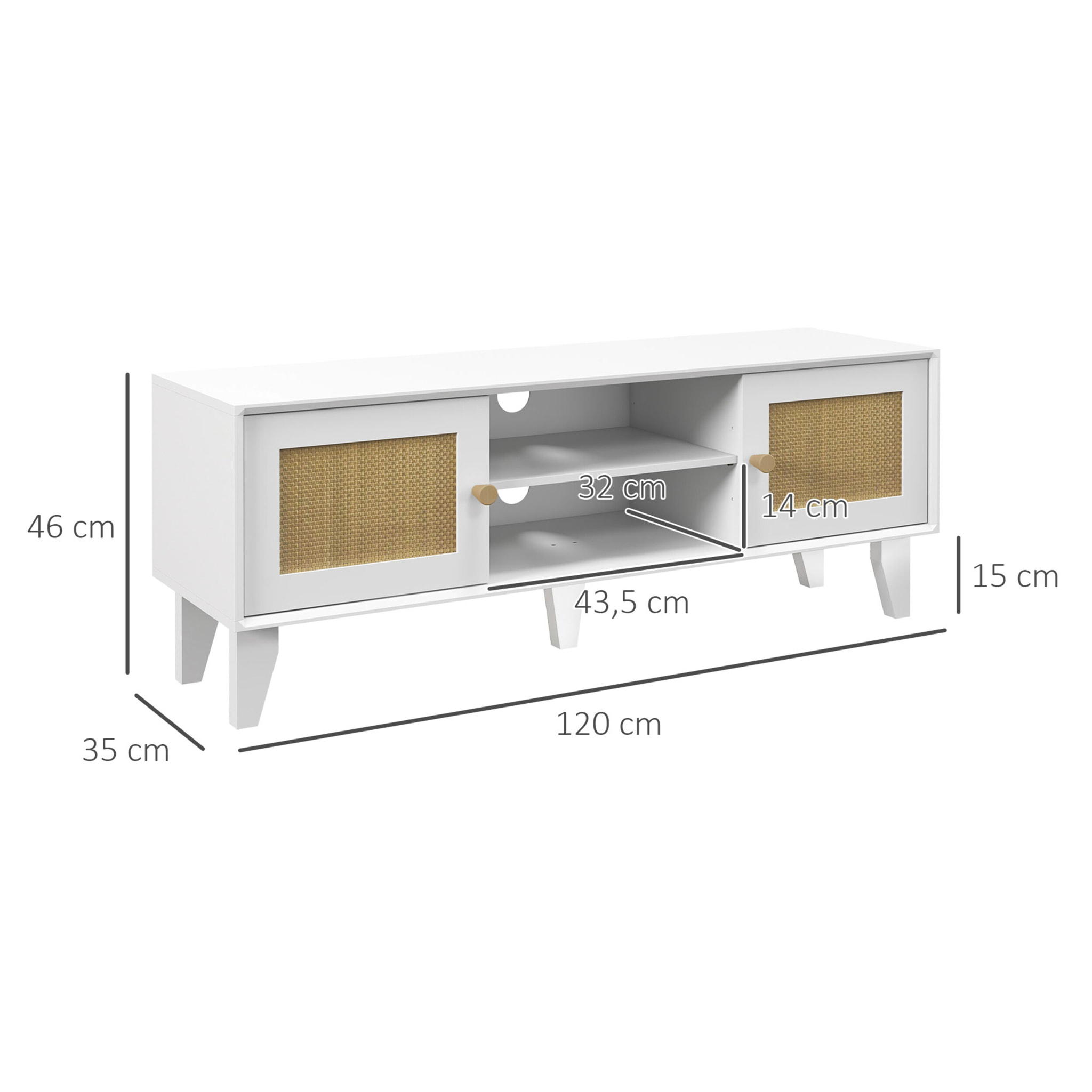 Mueble de TV Mueble de Salón para Televisores de hasta 55 Pulgadas con 2 Puertas de Ratán y Estante Ajustable para Dormitorio 120x35x46 cm Blanco