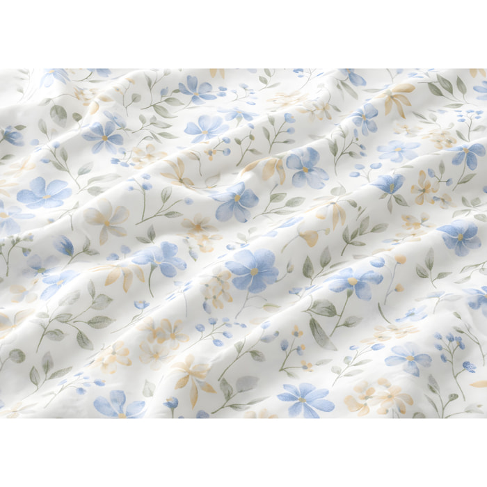 Parure Copripiumino 100% Cotone Made In Italy Fantasia Floreale Disegno Primavera Azzurro