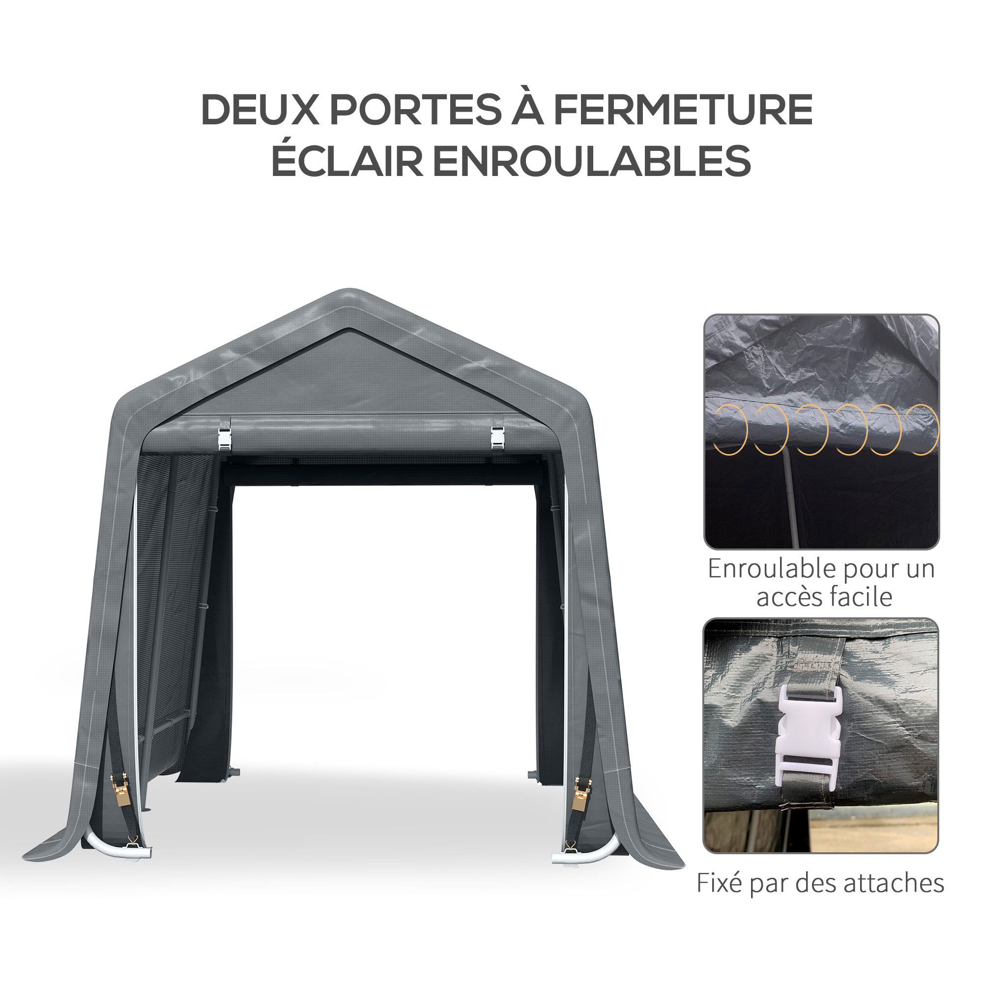 Abri de jardin - tente de stockage - abri de vélo - 2 portes zippées - dim. 280L x 240l x 240H cm - métal PE gris