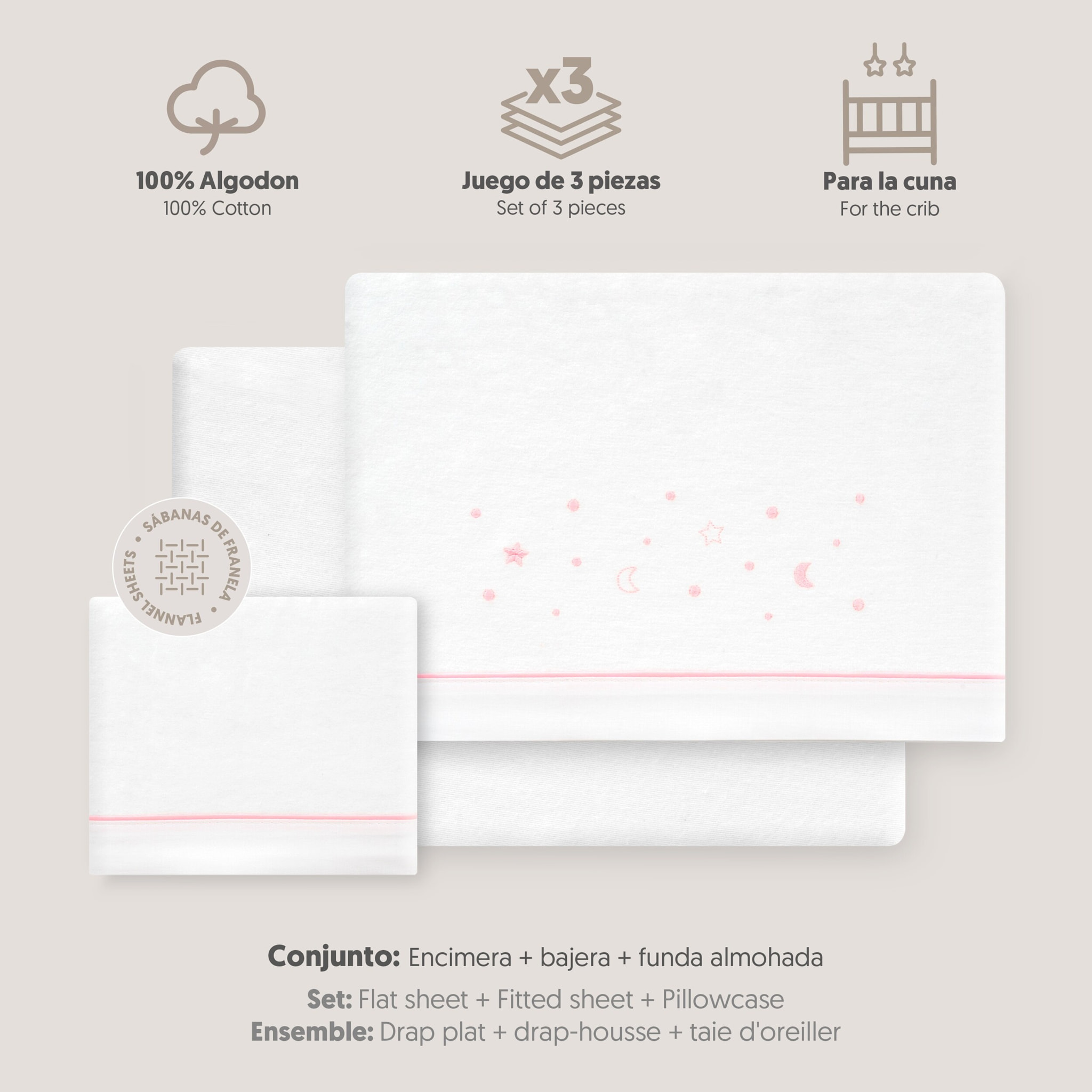 Juego de Sábanas de Cuna Franela Estrellas Luna