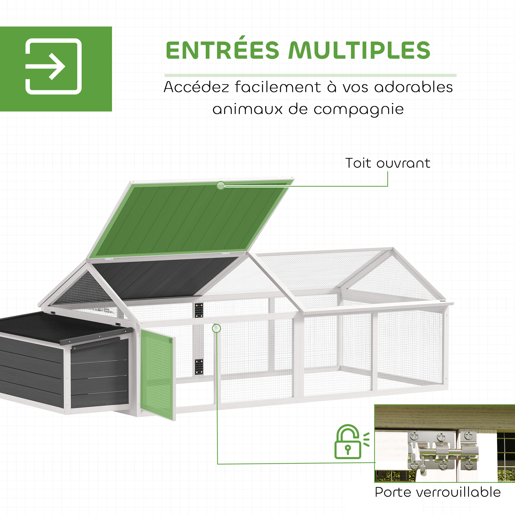 Poulailler espace couvert pondoir 2 zones - porte, toit ouvrant - 2,4 x 1,12 x 0,76 m - bois gris blanc