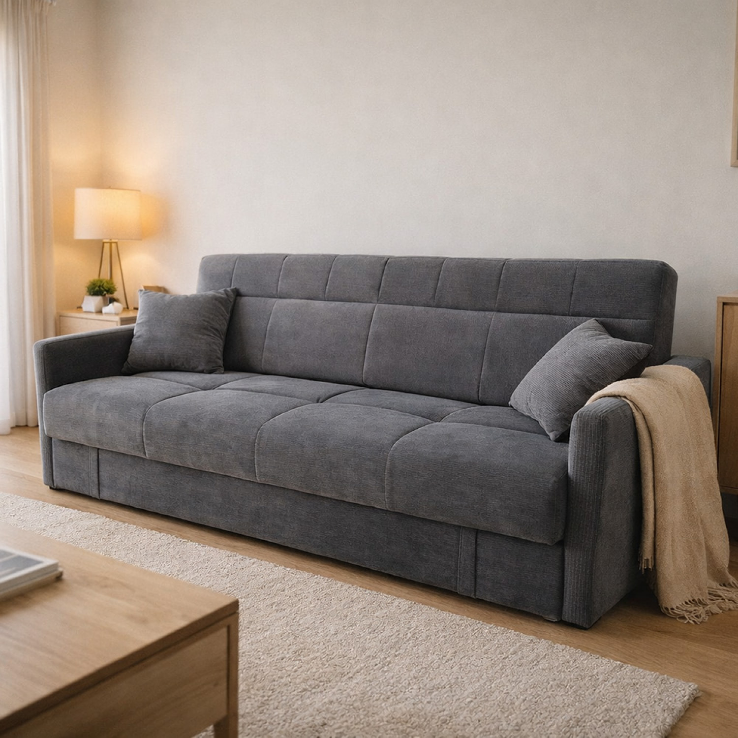 BAKAR Canapé convertible avec coffre en velours côtelé gris 3 places