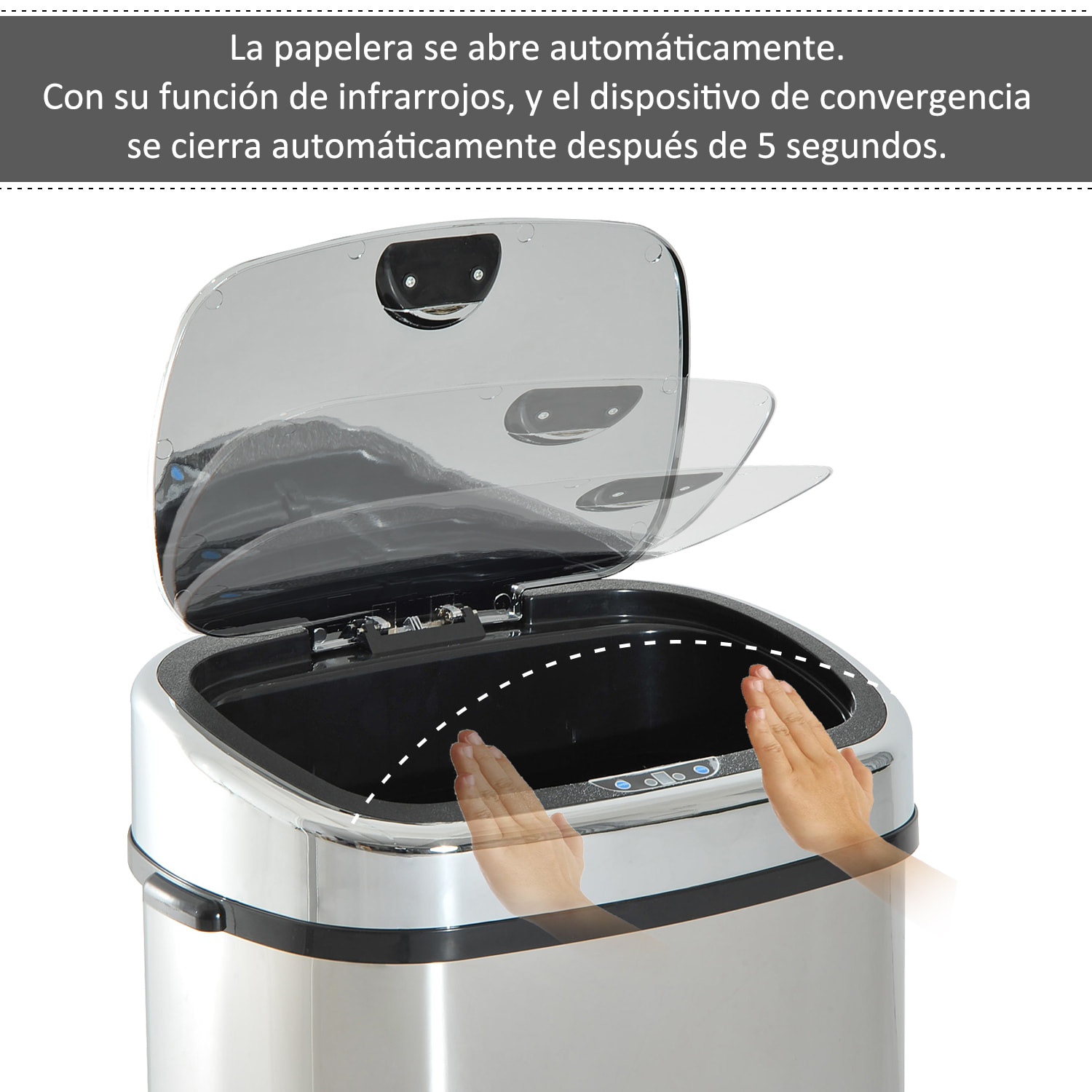 Cubo de Basura Inteligente de Acero Inoxidable 68L con Sensor de Infrarroja de Apertura Automática y Contacto Manual para Cocina Dormitorio Baño 40,5x29,5x78 cm Plata