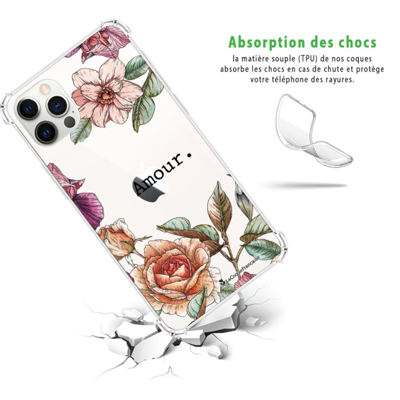 Coque iPhone 12/12 Pro anti-choc souple angles renforcés transparente Amour en fleurs La Coque Francaise