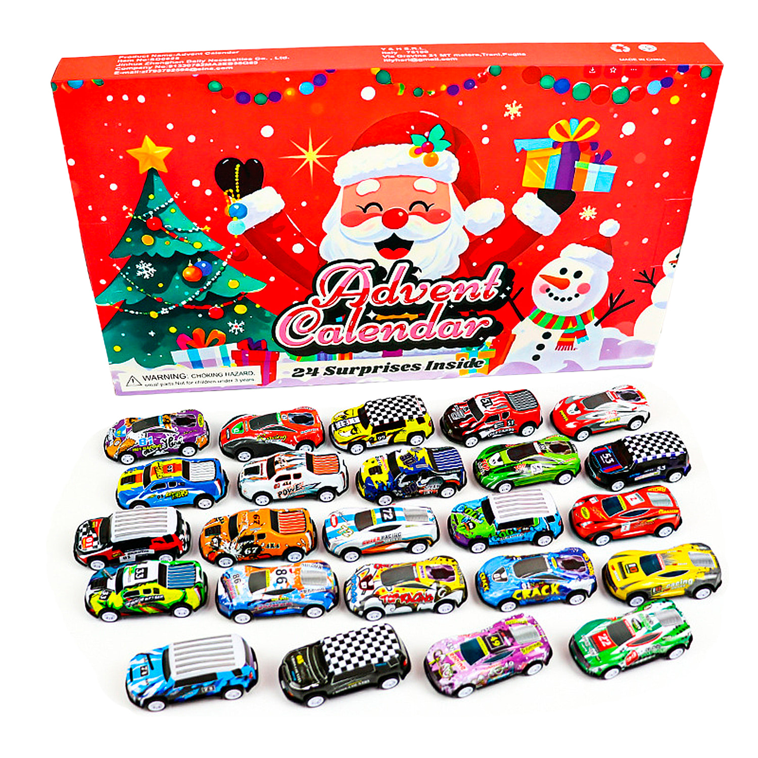 Calendario dell'avvento con figurine regalo da decorare. 24 diverse figurine di auto da corsa.