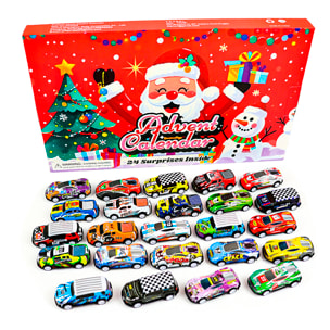 Calendario dell'avvento con figurine regalo da decorare. 24 diverse figurine di auto da corsa.