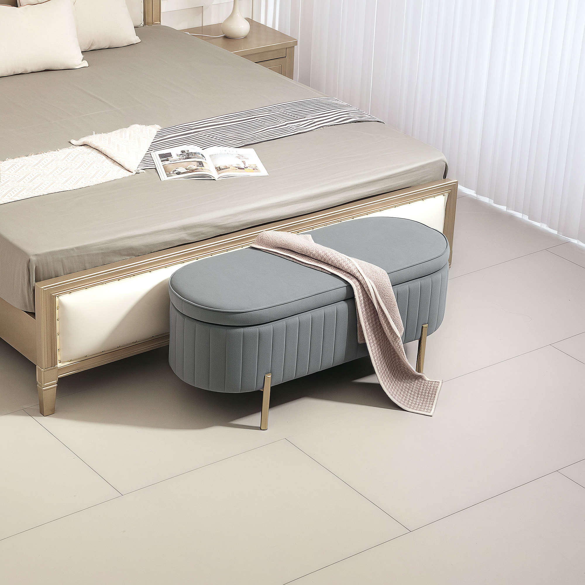 Banquette coffre 2 en 1 design ovale dim. 108x44x43cm velours gris