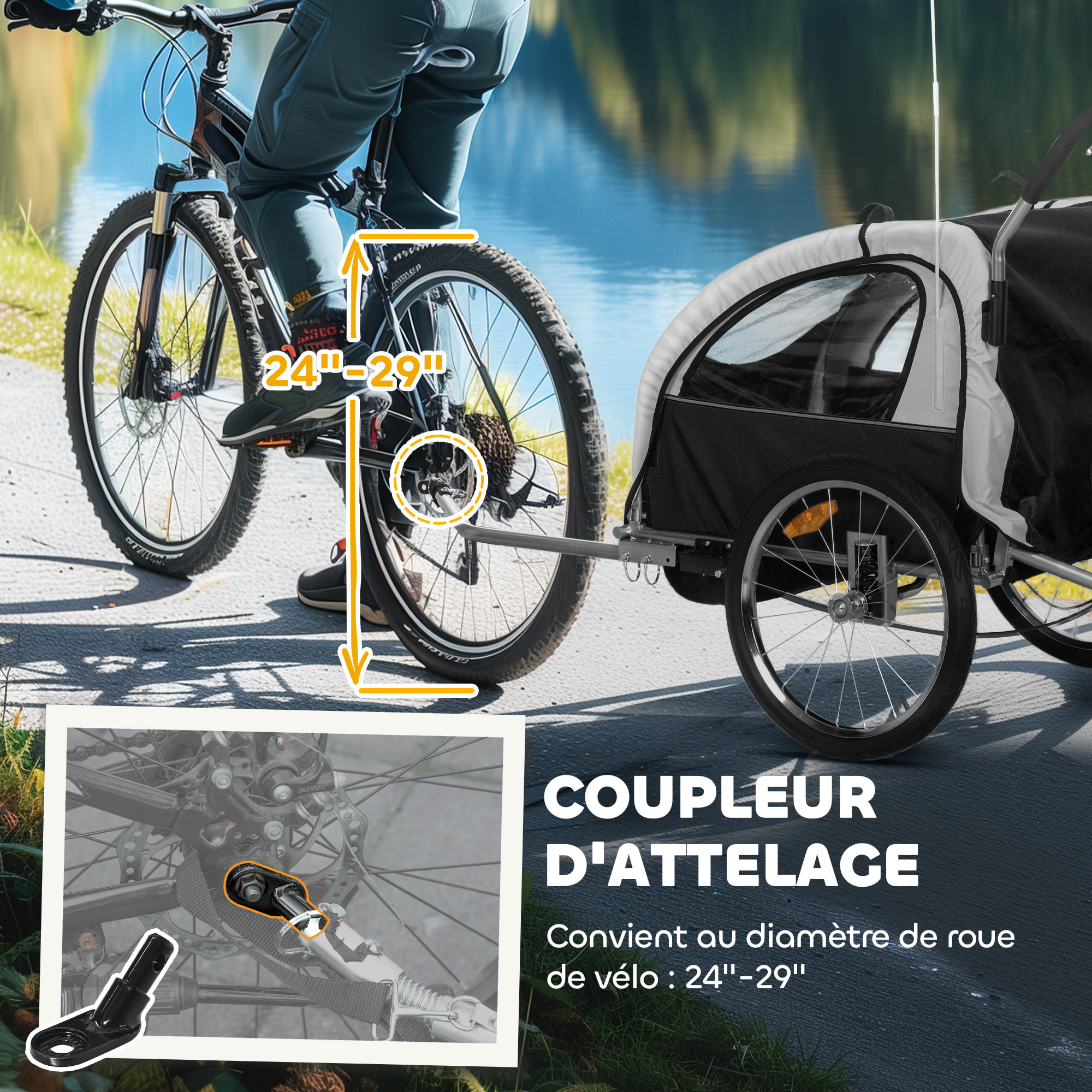 Remorque vélo jogger 2 en 1 enfant drapeau roue avant pivotante réflecteurs barre d'attelage inclus noir blanc