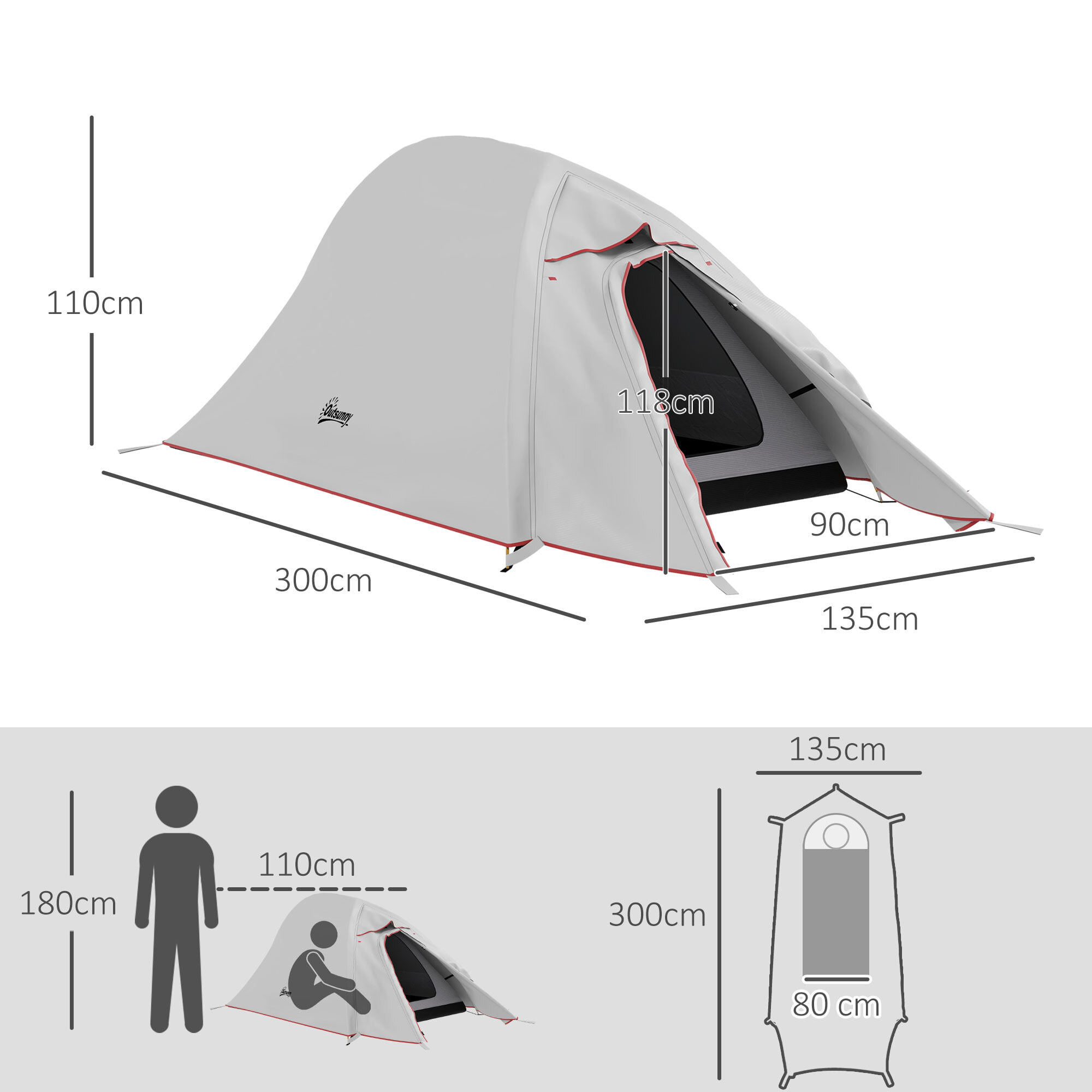 Tente de camping 1-2 pers. double toit étanche 2000 mm sac de transport gris