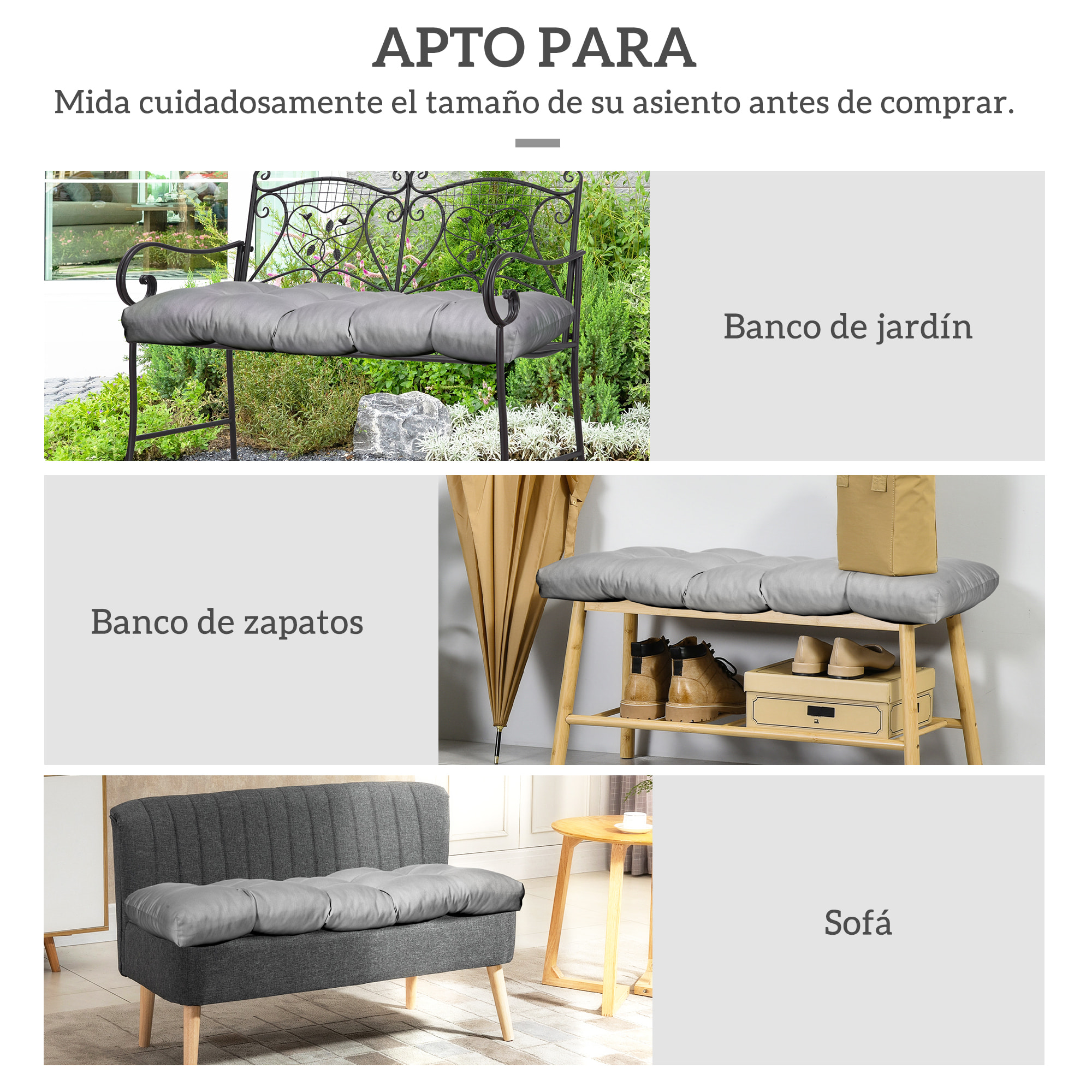 Cojín para Banco de 2 Plazas 110x48x8 cm Cojín Rectangular para Interiores y Exteriores Lavable con 8 Puntadas y Asiento Cómodo para Sillas Sofás Gris