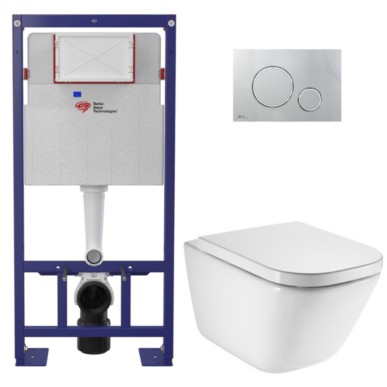 Pack WC bâti-support autoportant + WC suspendu sans bride avec abattant SoftClose + plaque chrome (STROGAWR05-U)