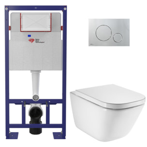 Pack WC bâti-support autoportant + WC suspendu sans bride avec abattant SoftClose + plaque chrome (STROGAWR05-U)