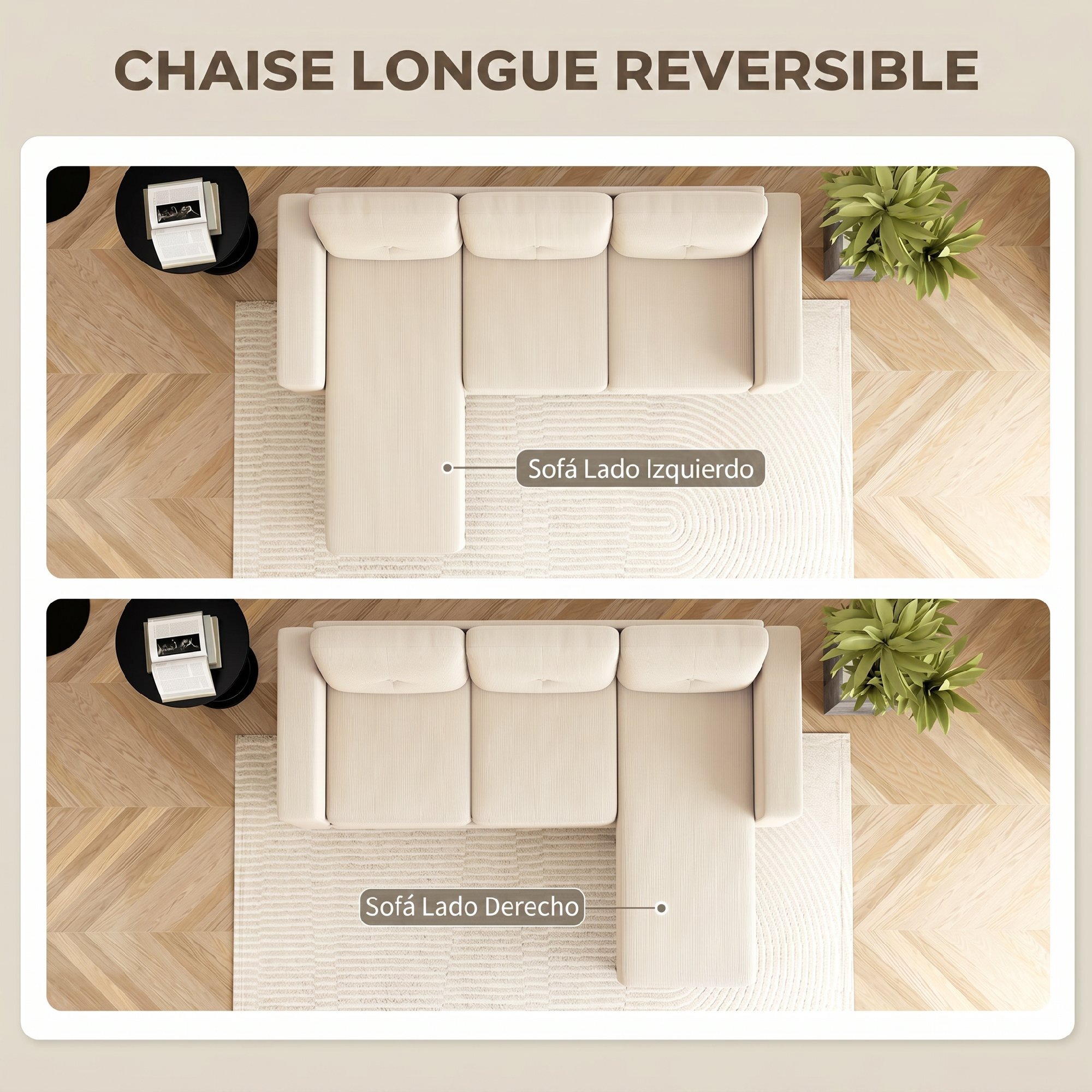 Sofá Chaise Longue Reversible, Sofá Esquinero en Forma de L de 3 Plazas, Tapizado en Pana, Marco de Acero, para Espacios Reducidos, Salón, 192x137x84 cm, Crema