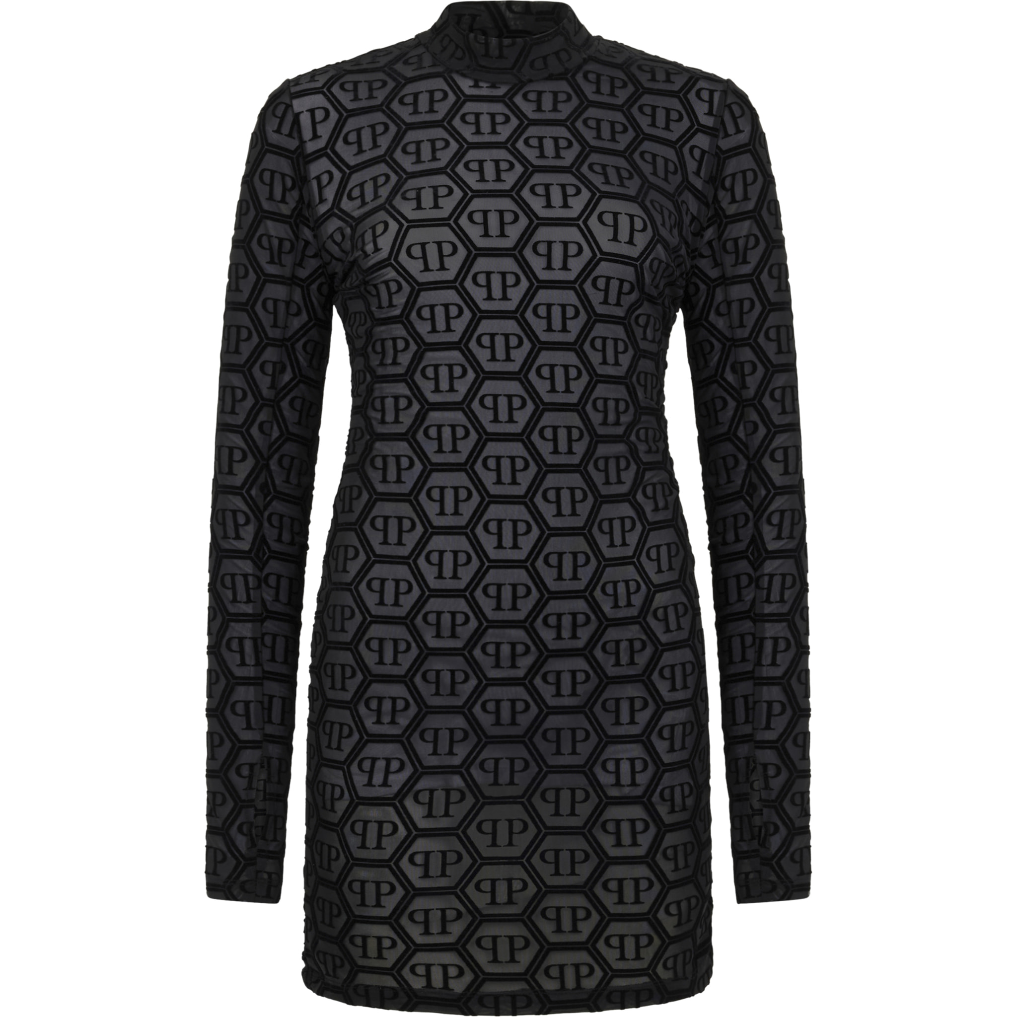 PHILIPP PLEIN Tulle Long-Sleeved Mini Dress Monogram Jacquard