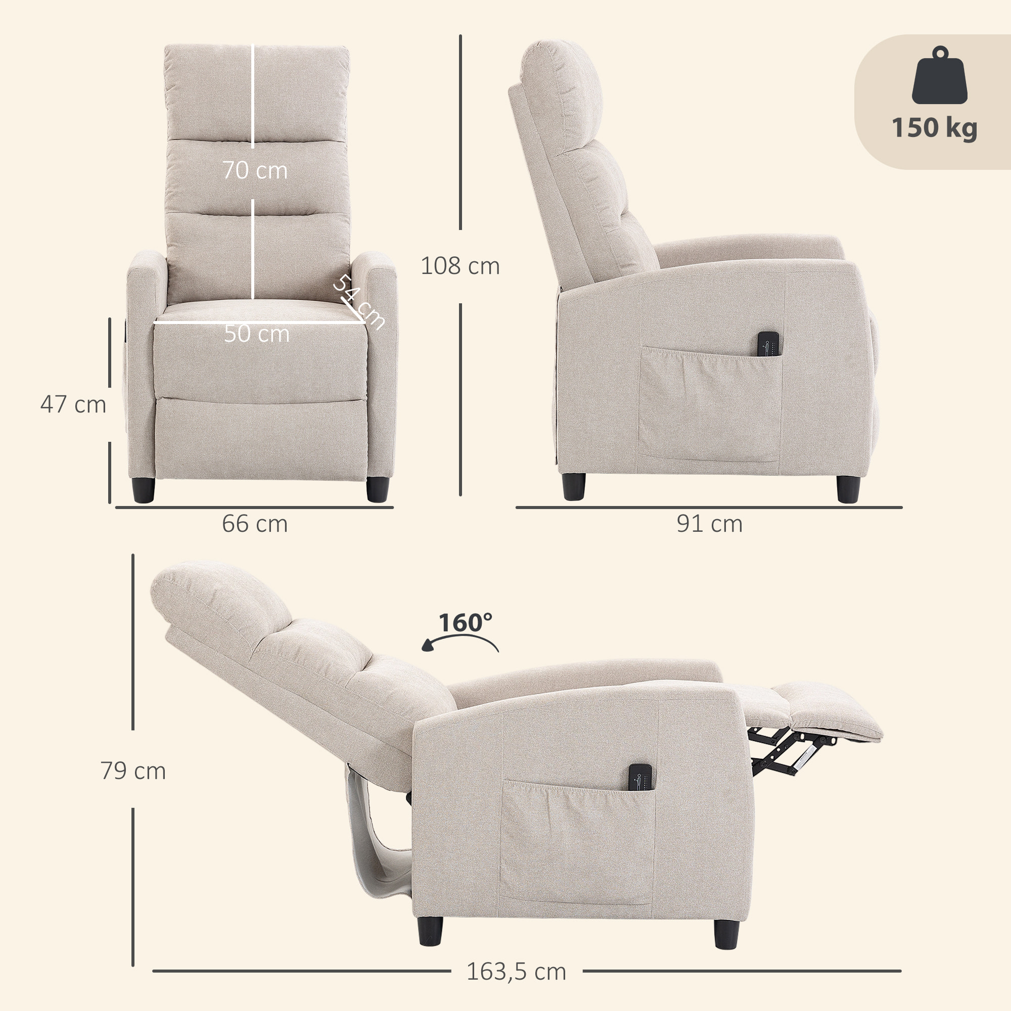 Sillón de Masaje, Sillón Relax Reclinable 160° con Mando a Distancia, Reposapiés, 2 Zonas de Masaje, Respaldo Alto, Asiento de Muelles, Bolsillos, Tapizado en Chenilla, 66x91x108 cm Crema