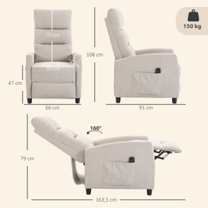 Sillón de Masaje, Sillón Relax Reclinable 160° con Mando a Distancia, Reposapiés, 2 Zonas de Masaje, Respaldo Alto, Asiento de Muelles, Bolsillos, Tapizado en Chenilla, 66x91x108 cm Crema