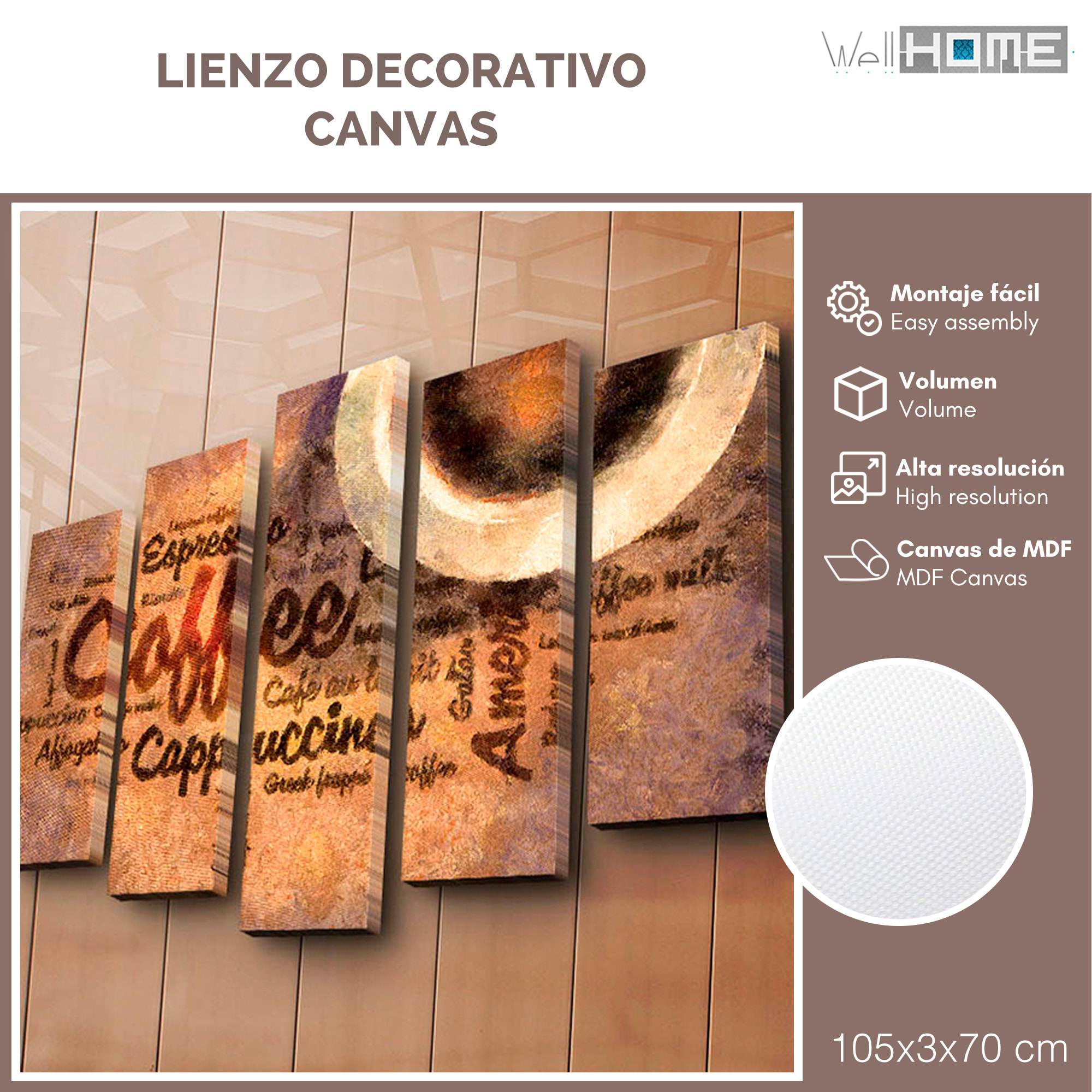 Cuadro lienzo decorativo canvas de 5 piezas. WELL HOME