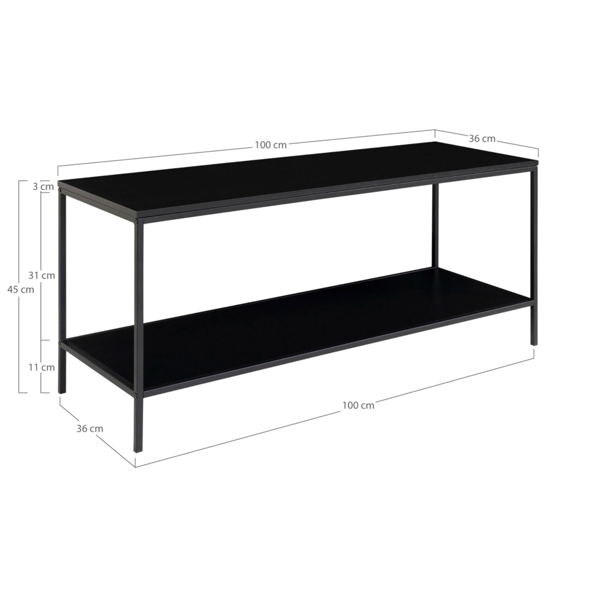 Mobile TV Vita a 2 ripiani in nero con struttura in acciaio, 100×36×45 cm