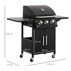 Outsunny Barbacoa de Gas BBQ con 3 Quemadores 2 Mesas Laterales Armario 4 Ruedas