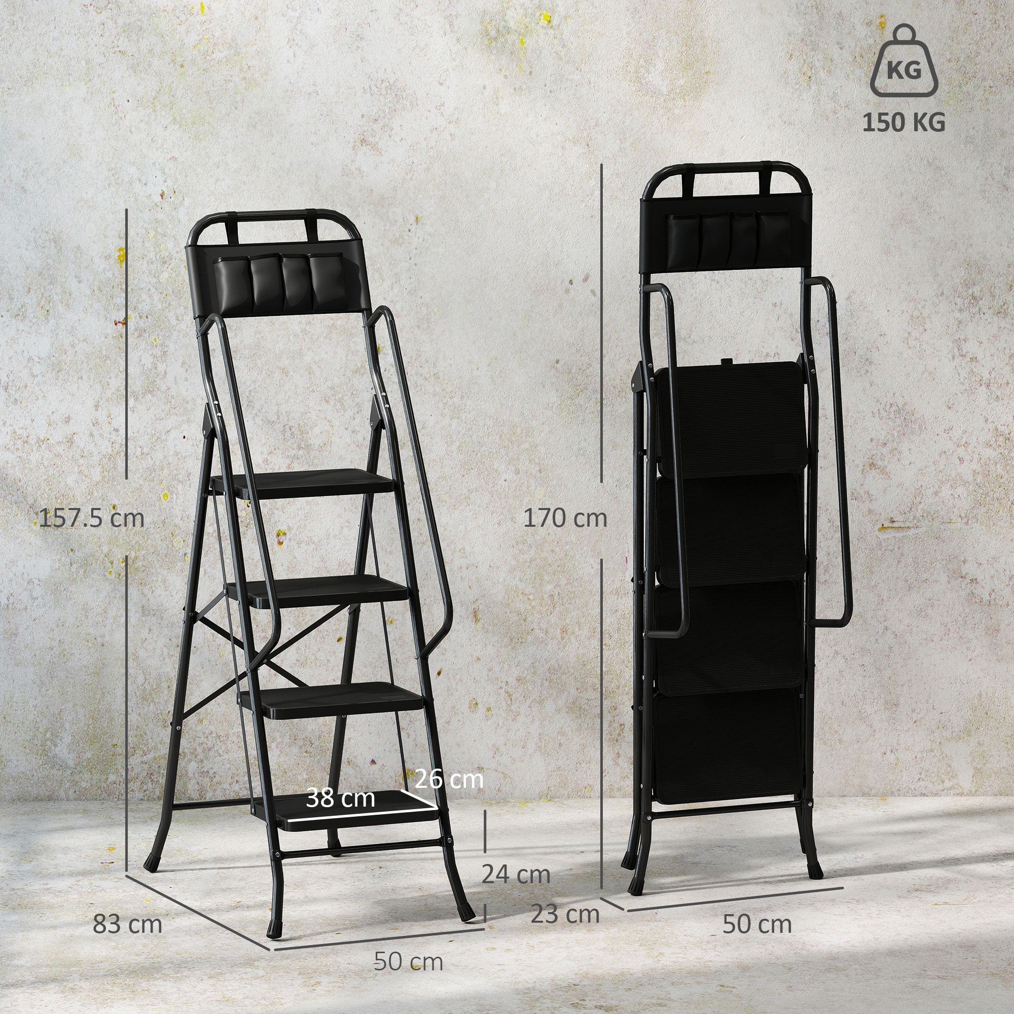 Escalera Plegable de 4 Peldaños con Bolsa de Herramientas, Escalera de Tijera, Carga 150 kg, con Peldaños Anchos Antideslizantes, Bloqueo de Seguridad, Apoyabrazos, Negro